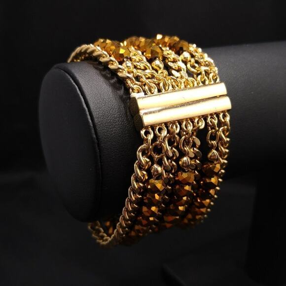 Golden Bronze Crystal Beads & Gold Chain Bracelet, Magnetic Clasp, 7 1/2 Inches - Picture 2 of 8